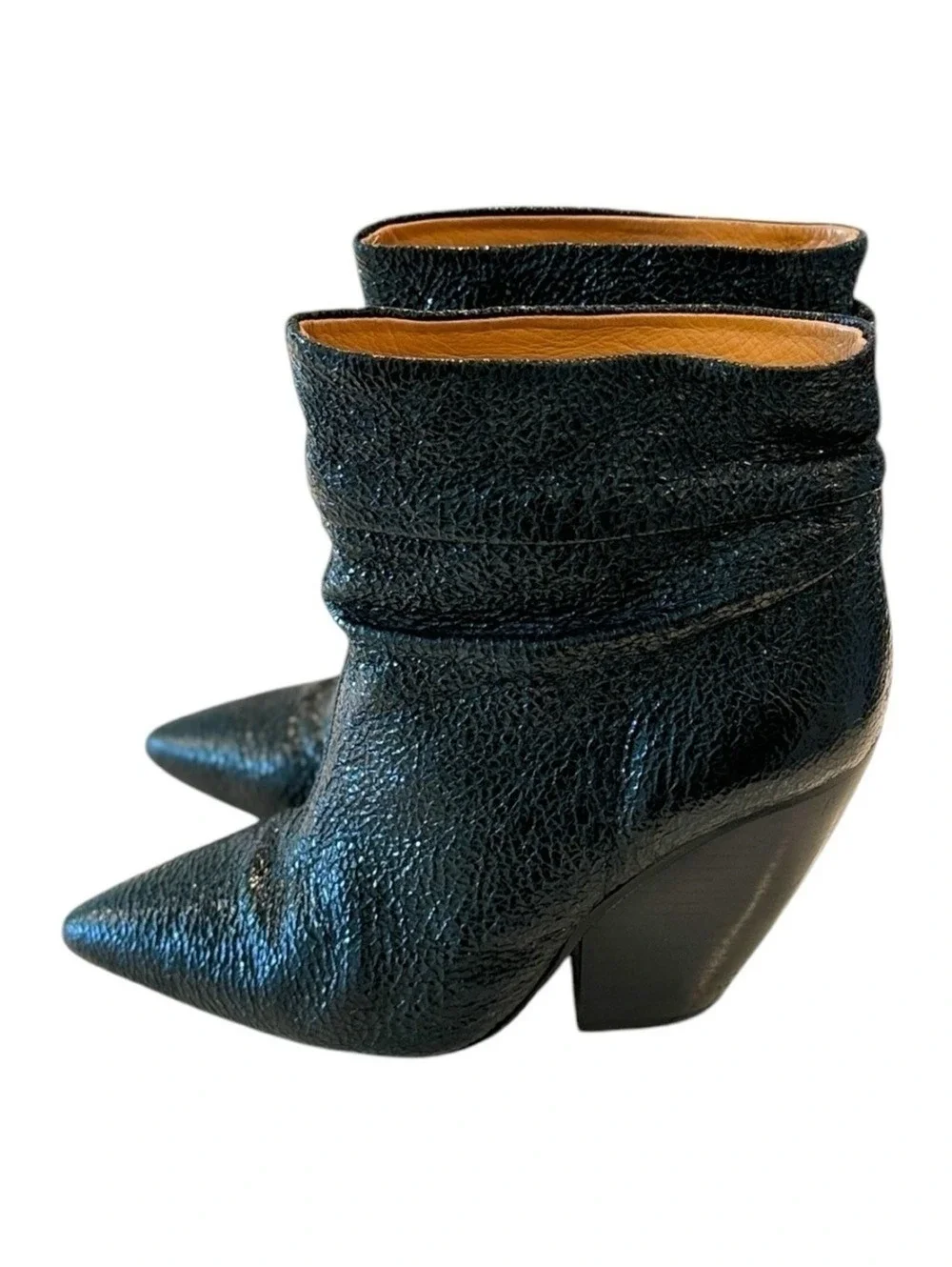 IRO Black Ruched Leather Slouchy Pointed Toe Ankle Boots Cone Heel Size 7